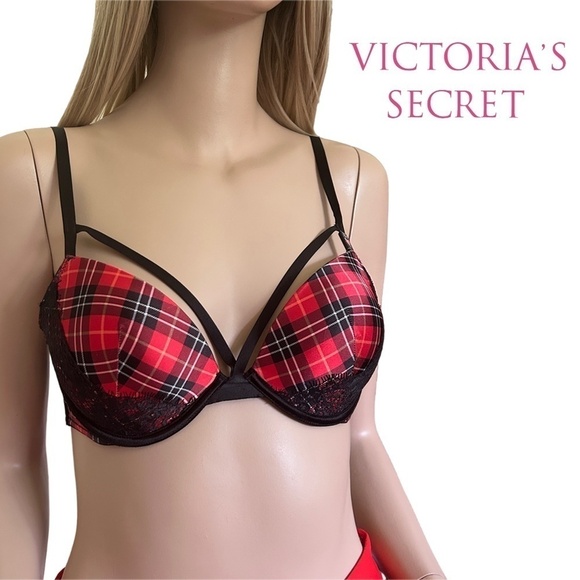 Victorias Secret Very Sexy Strappy Bra Lacy Tartan Plaid Padded Underwire Pushup - Picture 12 of 14